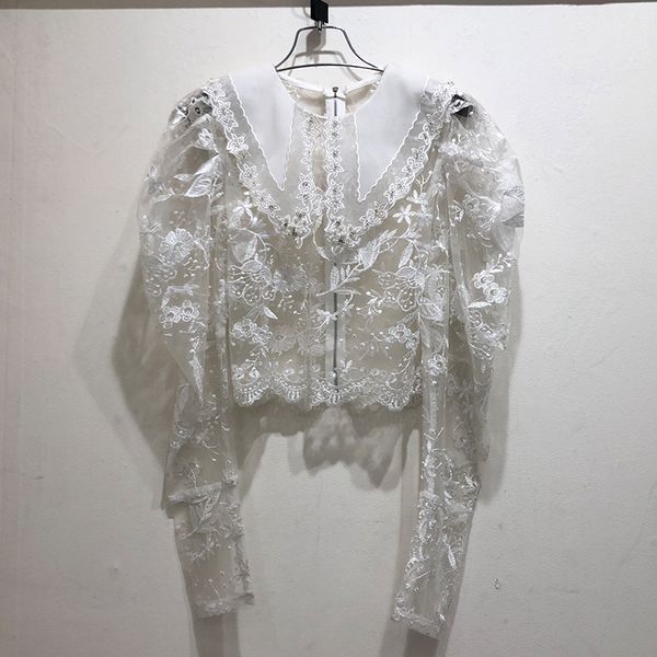 

2020 summer women black lace blouse vintage embroidery perspective rhinestone bead shirt thin long-sleeved lace shirt slim blusa, White