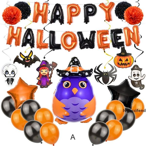 

happy halloween balloons set pumpkin spider cat owl witch foil latex balloon banner halloween decoration party supplies jk1909