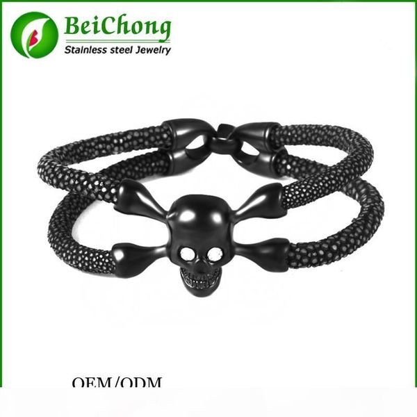 

t bc jewelry fashion design bangle skull mens simple design bangle mens fashion genuine stingray leather strap bracelet bc -151, Black