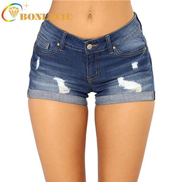 

2020 summer fashion women's shorts cotton denim short pants tight low waist jeans hole ripped denim casual skinny stretch jeans, Blue