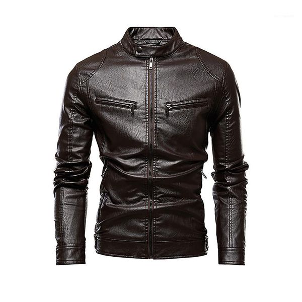 

fleece coats long sleeve fashion stand collar zipper casual apparel mans outerwear with pockets desinger pu leather, Black