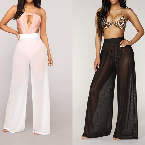 

women beach see-through mesh high waist elastic sheer wide leg pants trousers bikini cover up s-2xl, Black;white