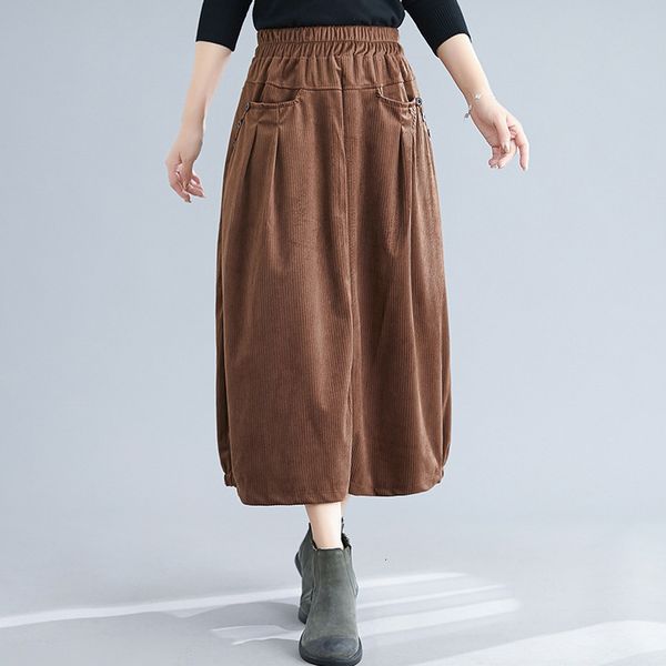 

corduroy skirts for women elastic waist pockets 2020 autumn new solid color vintage women cloths bud skirts, Black