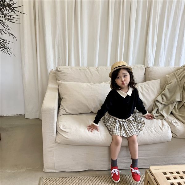 

hsenting 19 clothing autumn new hepburn style contrast color lapel wooden ear children's children's knitted cardigan fashion, Blue