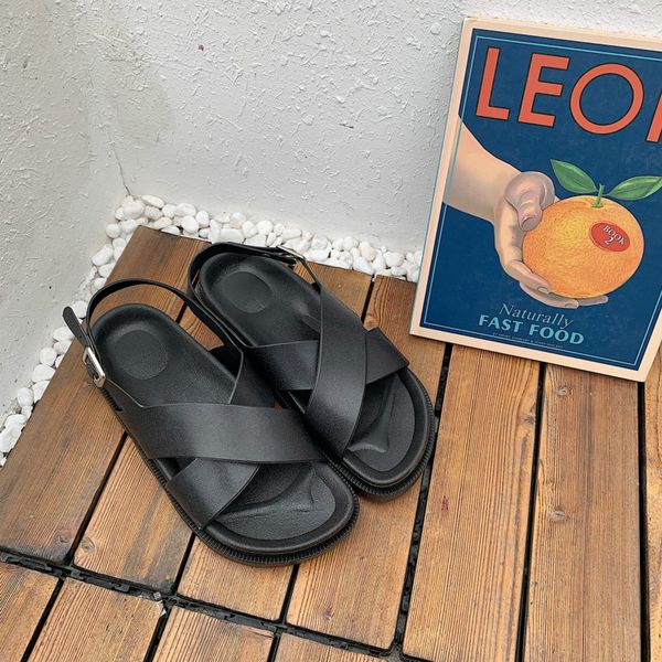 

женский летний студент casual римские сандалии flat bottom cross andals бич толстым дном сандалии sandalias de verano para mujer, Black