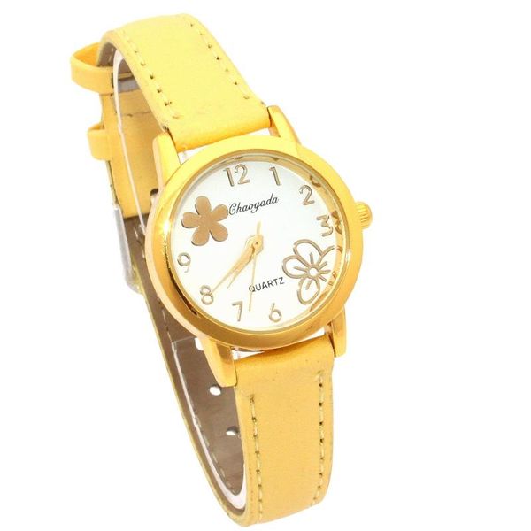 

popular fashion white flowers dial women watches yellow leather bracelet white dial lady quartz girls wristwatch u55, Slivery;brown