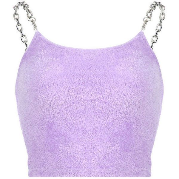 

2020 solid fashion women summer casual sleeveless plush camis t shirt sleeveless fur metal chain strappy crop purple, White