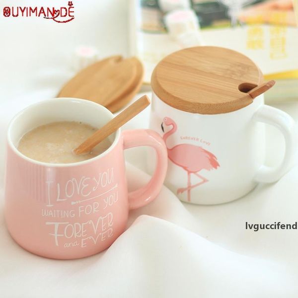 

350ml cute pink flamingo ceramic coffee mug with lid and spoon coffee milk tea water cups creative gifts t200506