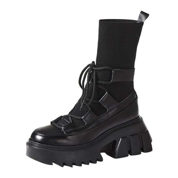 

new genuine leather platform platform high shoes women's socks boots dark japanese short boots strap womens fashion, Black