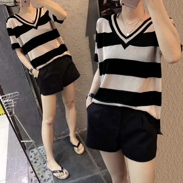 

2020 new women's fashion striped shirt ice silk knitwear thin v-neck short-sleeved t-shirt for women, White;black