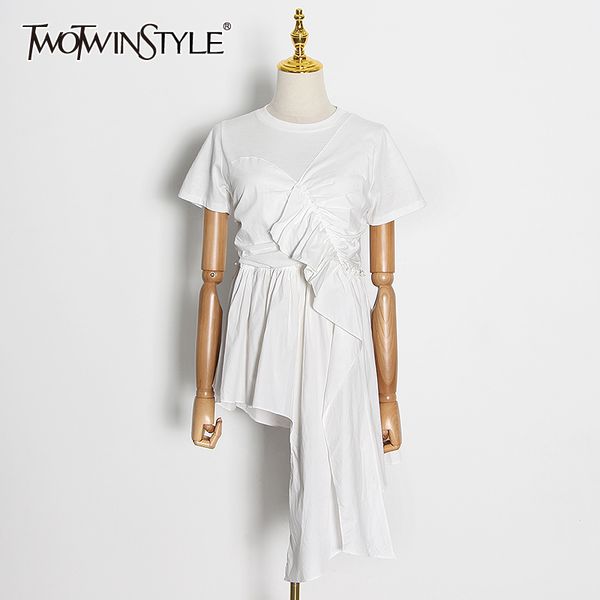 

twotwinstyl eelegant patchwork ruffle woman's t-shirt o neck short sleeve ruched asymmetric oversize casual shirt female fashion, White