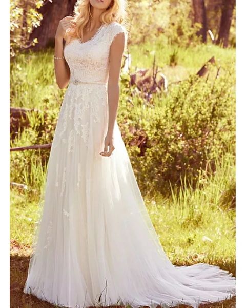 

a-line wedding dresses v neck sweep / brush train lace tulle regular straps vintage illusion detail with sashes / ribbons buttons, White