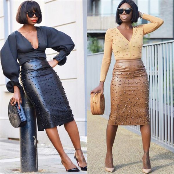 

fashion irregular nail pearl elastic matte leather skirt high waist womens flash skirts drop shipping, Black