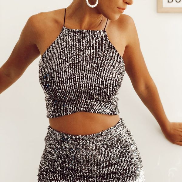 

women off shoulder women sequins shiny crop push-up party clubwear halter summer clothes sling vest style camisole shirt, White