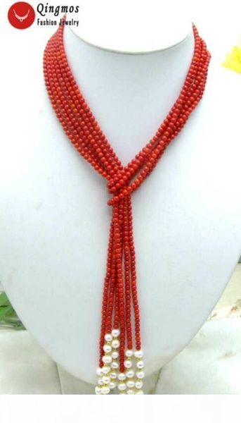 

fine long 45" natural 3 strands red round coral & white pearl necklace for women, Silver