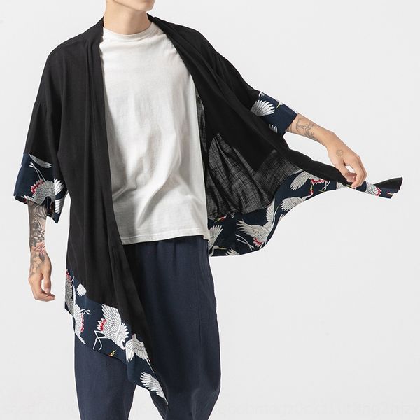 

d1rbn 2020 chinese style robe cloak cotton and linen men's seven-quarter sleeve crane printed mid-length cloak kimono cotton and linen, Tan;black