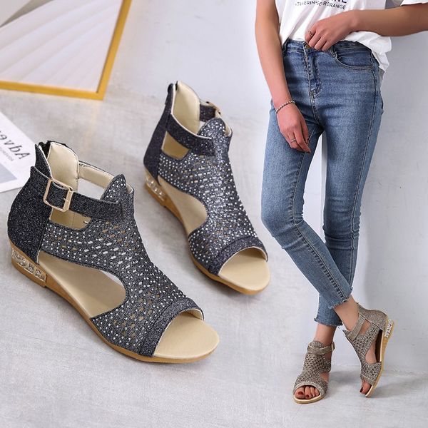 

gladiator woman sandals women's hollow out shoes women comofort platform female shoes fashion zip buckle zapatos de mujer 2020, Black