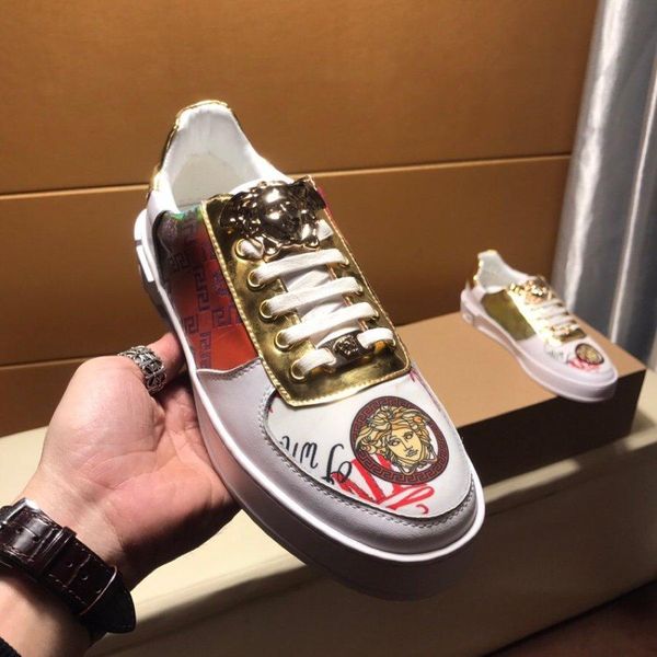 

2020c high-end medusa embroidery and color matching men's leather casual low-sneakers, large size fashion lace-up sneakers, size: 3, Black