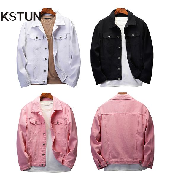 

kstun denim jacket for men black jean jacket solid white pink men's jackets regular fit jeans fashions chaqueta vaquera, Black;brown