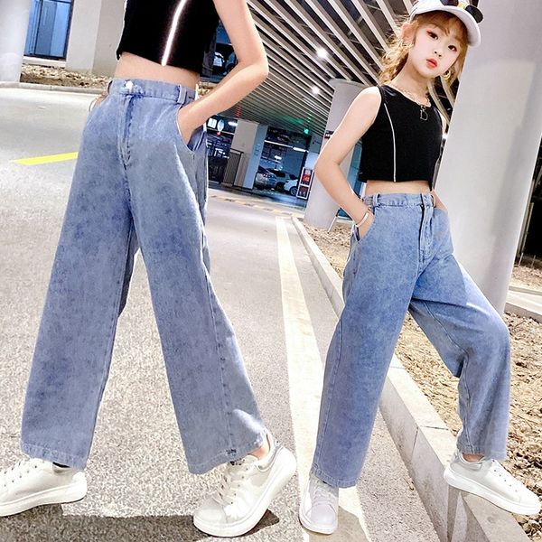 

высоких джинсы широкой ноги талия pjyut 2020 лето нового девочек широких ног брюки для похудения тонких джинсов средних и больших дети прямо, Blue