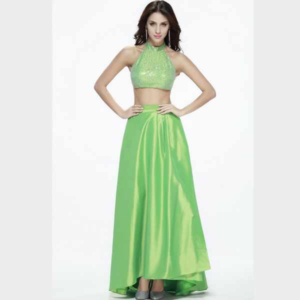 

summer unique halter neck green prom dresses sequins floor length two pieces evening gowns sleeveless satin evening dresses with hollow back, Black
