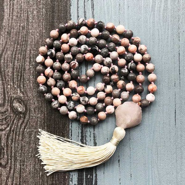 

pink zebra mala necklace for women 108 mala beads knotted tassel necklaces healing necklace yoga raw q-uartz jewelry women femme, Silver
