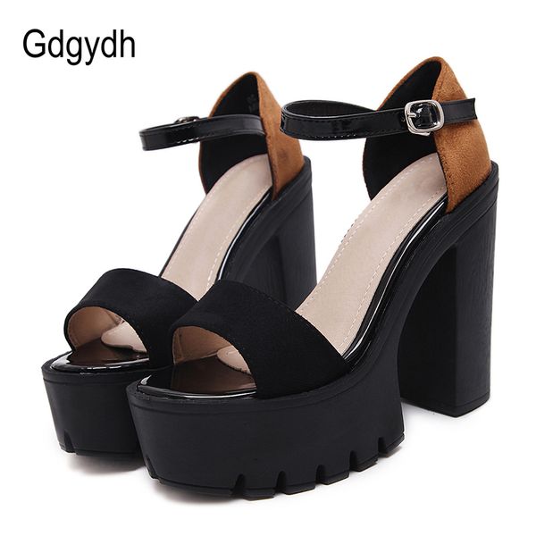 

gdgydh fashion women's platform block heels buckle strap punk shoes gothic sandals high heels suede summer shoes female 2020 new, Black