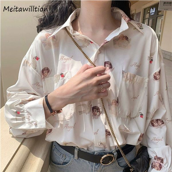 

women's blouses & shirts harajuku angel print shirt women chiffon blouse vintage lantern sleeve bf 2021 autumn korean loose white