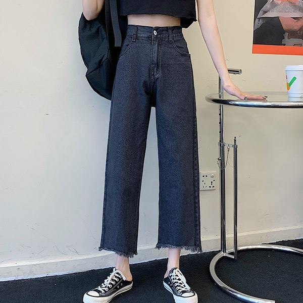 

tt83c women's straight tube and jeans pants and jeans wide elastic new slimming slimming height eight-point high waist wide leg nine-po, Blue