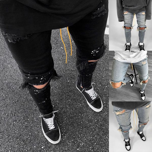 

men jeans men's jeans slim fit denim pants ripped pants men's painted skinny with rope baggy men clothing, Blue