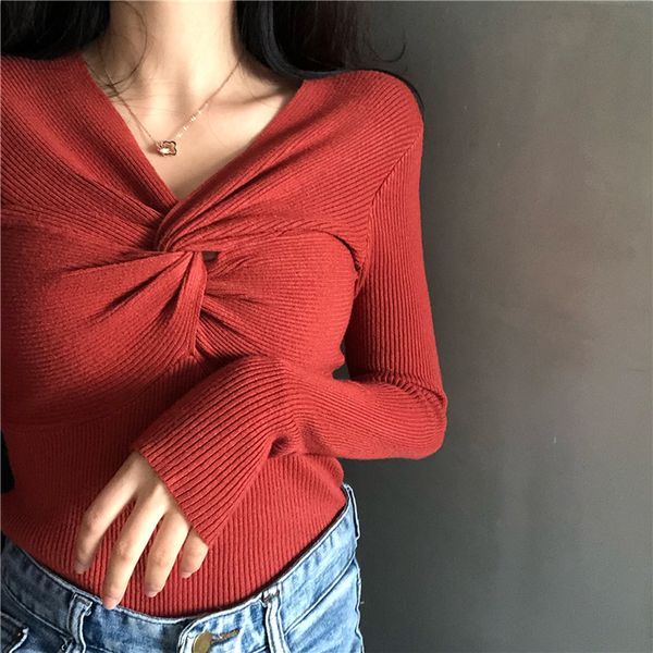 

korean chic style women knitted sweater v neck cross tangled up knitting elegant long sleeve solid color pullovers new, White;black