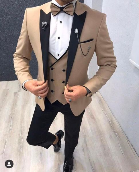 

khaki men suits wedding tuxedos groom black lapel costume homme slim fit blazer terno masculino 3 pieces jacket pant vest, White;black