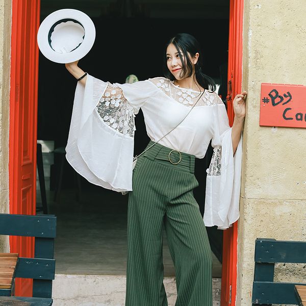 

women's blouses & shirts autumn spring women chiffon ladies sweet casual loose long big flare sleeve o-neck lace patchwork white