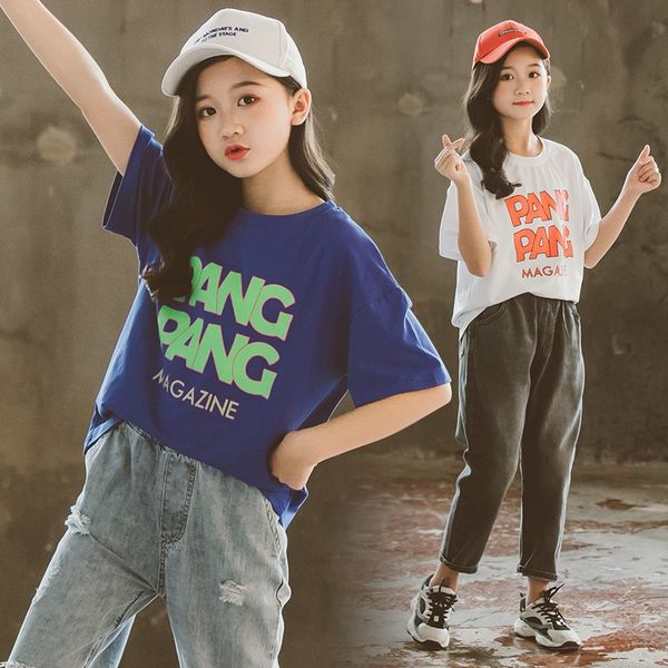 

pfa0g girls' short-sleeved 2020 summer children's big children's loose western style white half sleeve girls t-shirt t-shirt, Blue