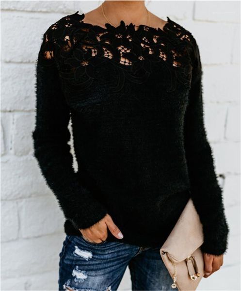 

designer lace panelled solid sweaters fashion natural color long sleeve sweaters casual women clothes womens sweaters, White;black