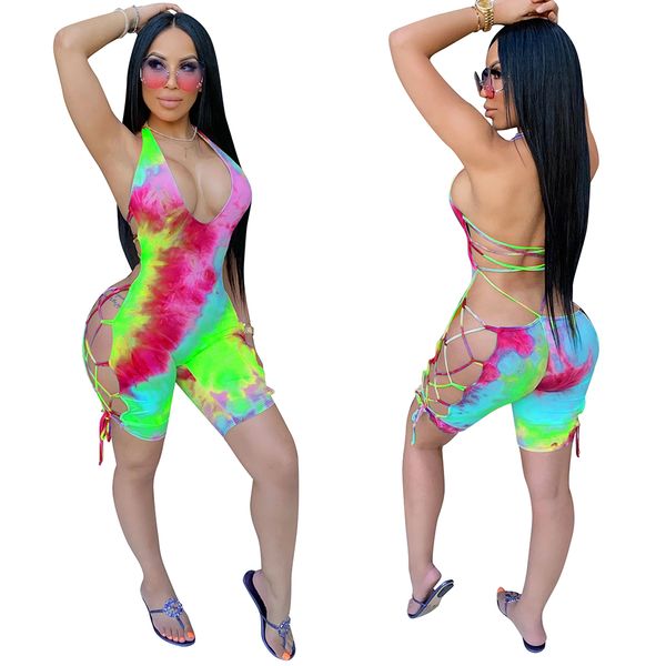 

women jumpsuit tie dye strapless bandage night party club summer jumpsuit hollow out lace up backless playsuit lady outfit rompers, Black;white