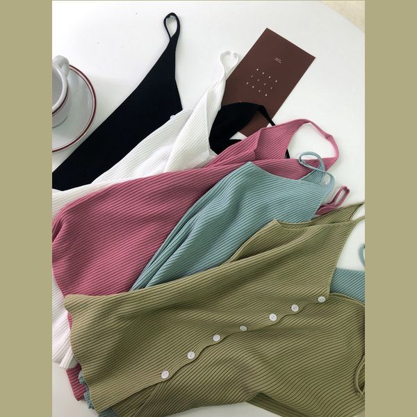 

button knitted camis women candy color elastic summer top, White