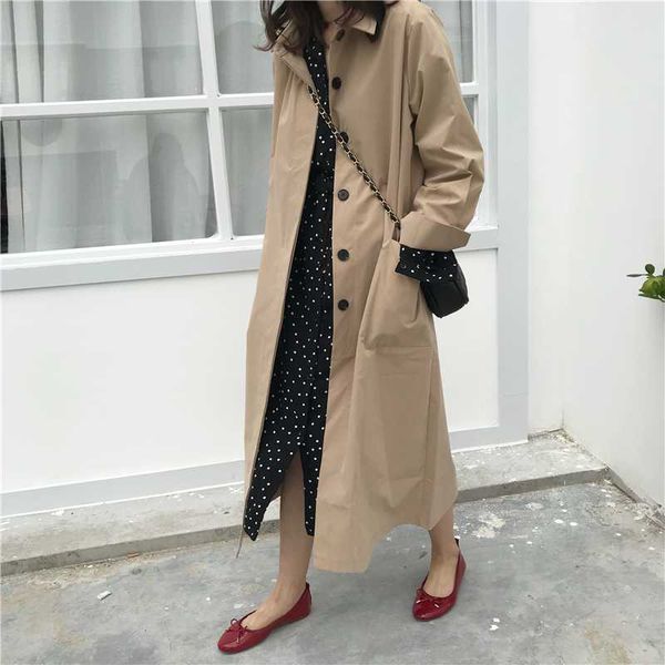 

ewq] autumn 2020 new korean ladies retro knee-length windbreaker mid-length loose thin lapel large pocket jacket trend women, Tan;black