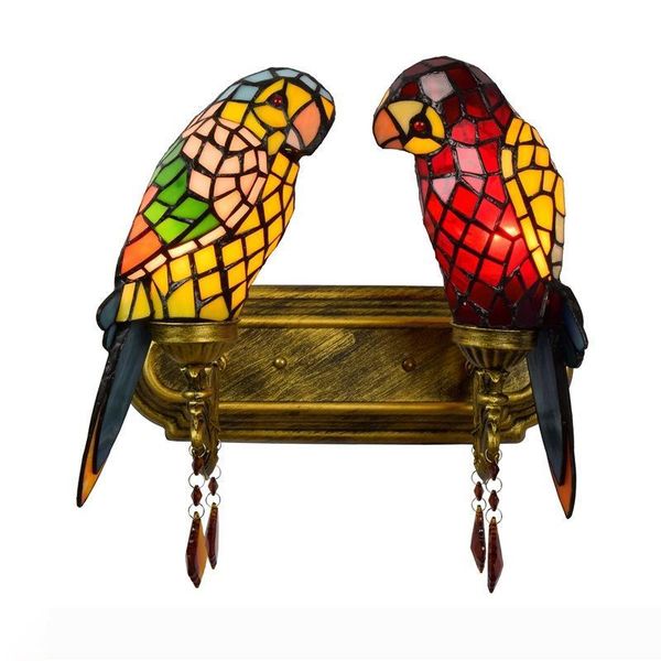 

European Tiffany Double-Head Parrot Wall Light Stained Glass Wall Lamp Fixture Home Restaurant Decorative Wall Art Lamp