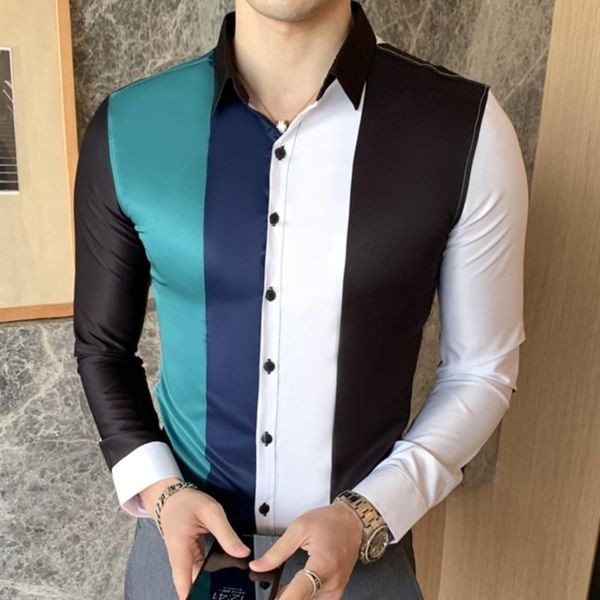 

patchwork striped shirt men luxury shirt men slim fit mens formal business dress shirts streetwear social tuxedo club clothing, White;black