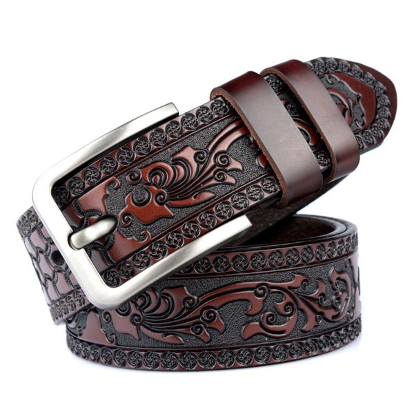 

men's carve pattern genuine leather belt pin buckle waistband pure cowhide jeans vintage punk luxury fashion high-grade belt, Black;brown