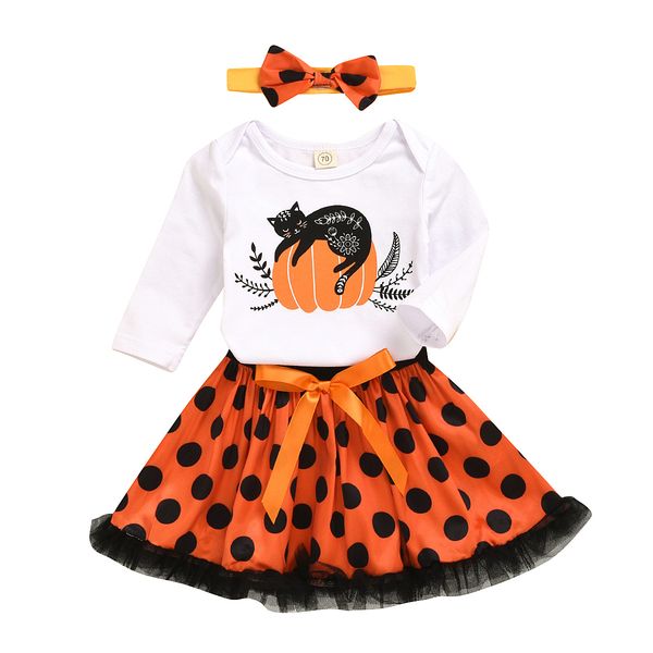 

foreign trade childrenswear halloween infant baby girls pumpkin long-sleeved t-shirt dotted skirt set a generation of fat, White