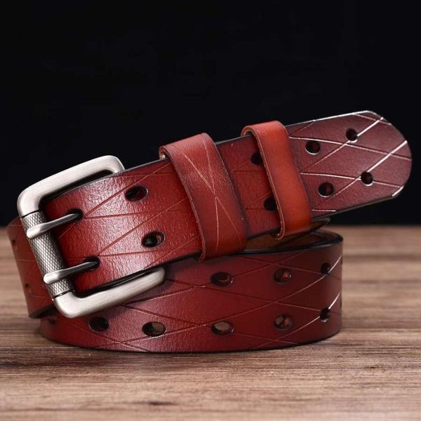 

men's leather double prong belt classic double row hole belt universal hollowed out jeans men waistband new belts for men, Black;brown