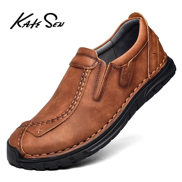 

new 2020 men shoes split leather casual shoes handmade lace-up men loafers comfort walking flats moccasins, Black