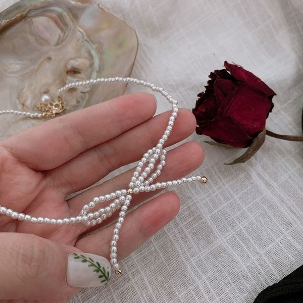 

fairy bowknot small pearl necklace clavicle chain female simple temperament neck retro, Silver