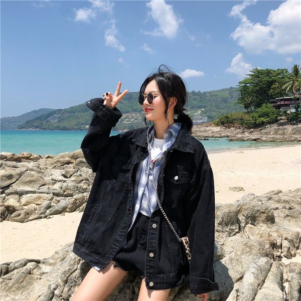 

2020 spring new black denim coat female loose vintage jeans jacket-music of the tide womens jackets, Black;brown