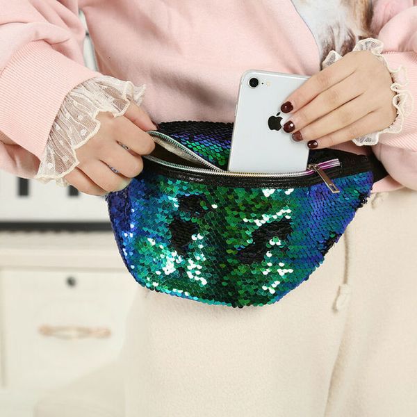 

waist bags women ladies girls shiny fanny pack female belt bag black geometric sequin waist packs laser chest phone pouch
