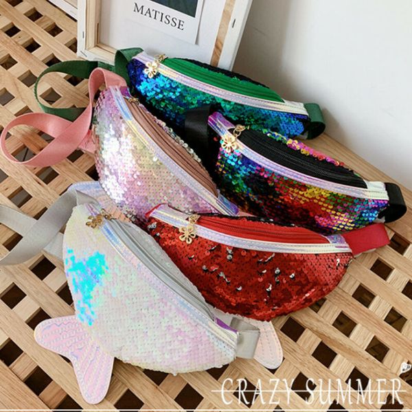 

kids girls glitter sequins cute fish style waist pack sports fanny bag travel purse bum pouch belt bag