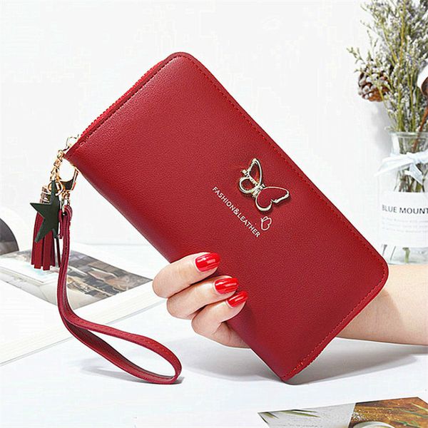 

fashion butterfly women wallet wrist handle phone case long section money pocket pouch handbag women's purse card holders 2020, Red;black