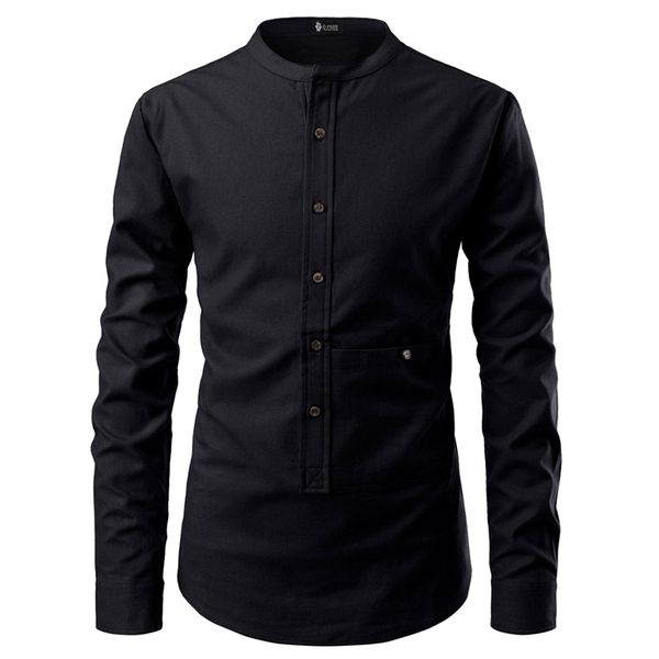 

men's dress shirts 4 color hedging solid pocket decoration stand collar long sleeve shirt, White;black
